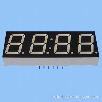 4-digit 7-segment LED clock display with 0.28, 0.39, 0.52 and 0.56 inch sizes, various colors